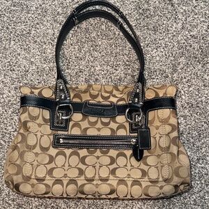 Coach Tan Signature Canvas Shoulder Bag with Black Leather Trim
